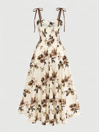 Women's Apricot-colored A-line Dress with Brown Floral Pattern, Thin Straps, and Waist Design. Perfect for Vacations, Commuting, Music Festivals, Dates, French Bohemian Style, Beach Outings, Streetwear, Versatile Wear, and Spring/summer Seasons - Mixed colors
