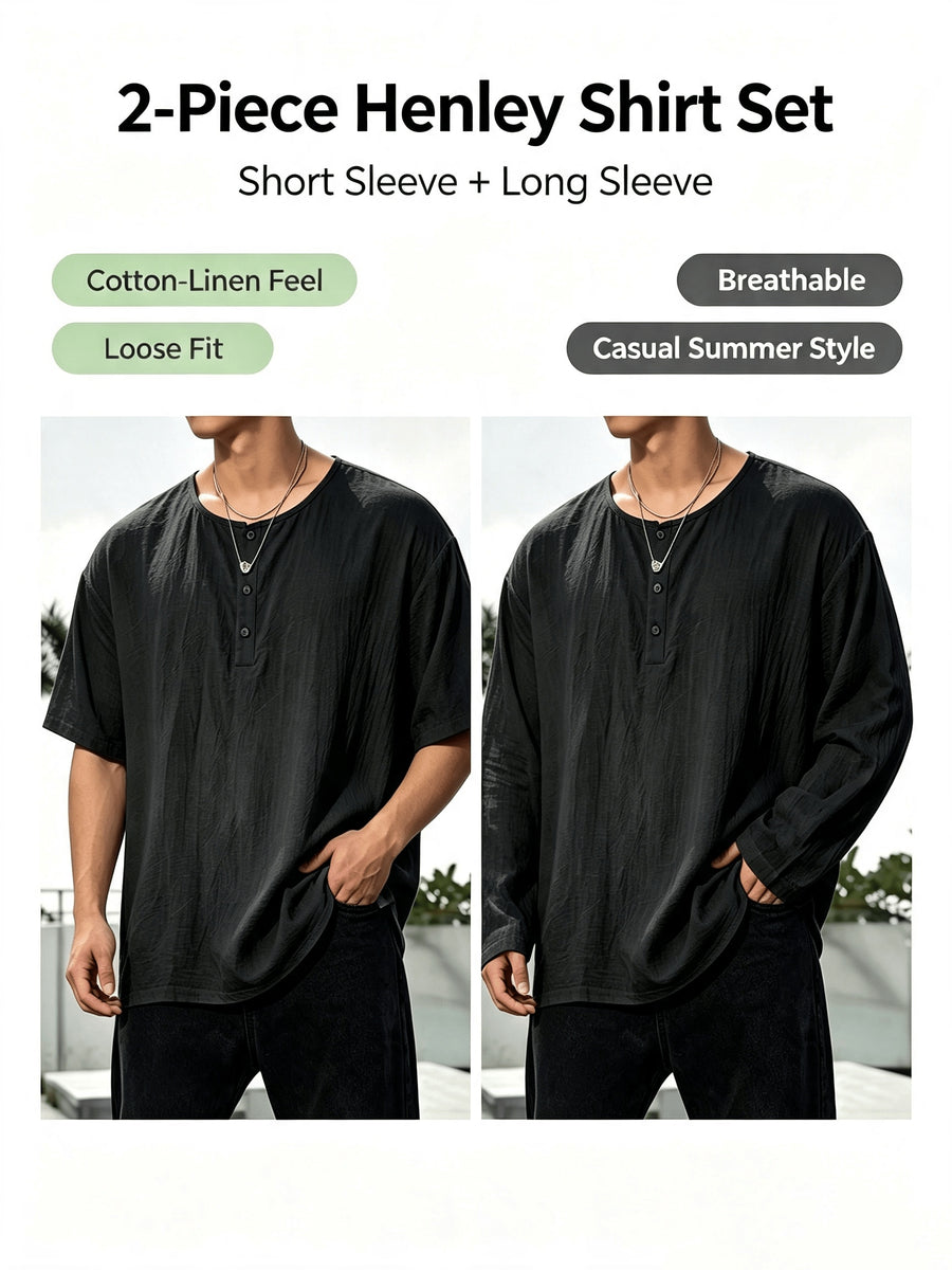2pcs Men'S Linen Henley Shirt Set, Short Sleeve And Long Sleeve 2pcs Combination, Loose Breathable Vacation Style Casual Top - Black