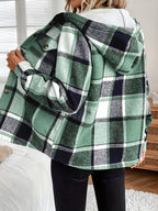 Women'S Casual Plaid Fleece Lined Hooded Regular Jacket, Napped Plaid Fleece-Lined Women'S Top, Hooded Shirt - Green