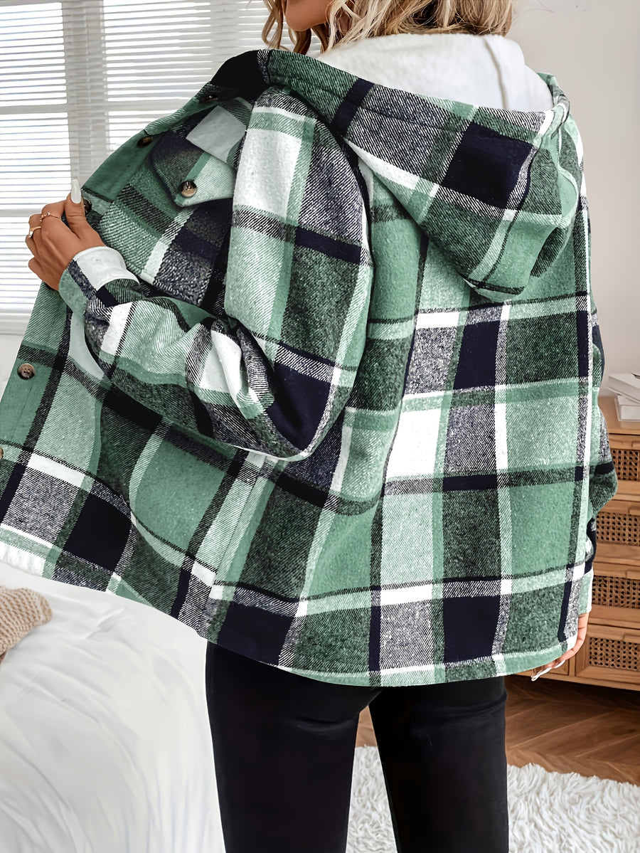 Women'S Casual Plaid Fleece Lined Hooded Regular Jacket, Napped Plaid Fleece-Lined Women'S Top, Hooded Shirt - Green