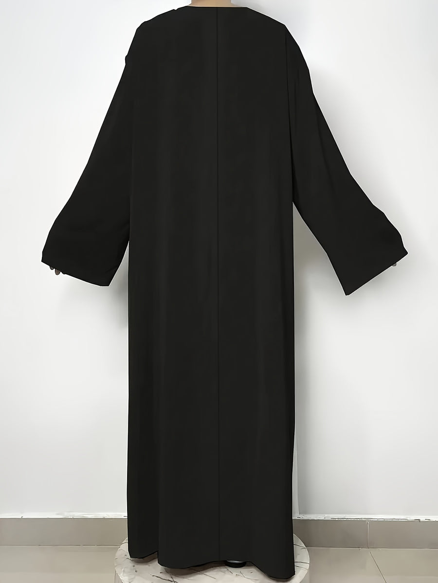 Solid Color Crew Neck Split Modest Dress, Elegant Long Sleeve Maxi Length Easy Dress, Women'S Clothing - Black
