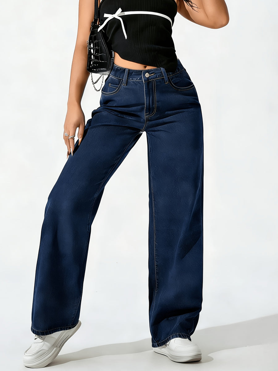 Women'S Loose Pocket Casual Versatile Blue Denim Jeans Straight Fit Jeans - Deep Blue