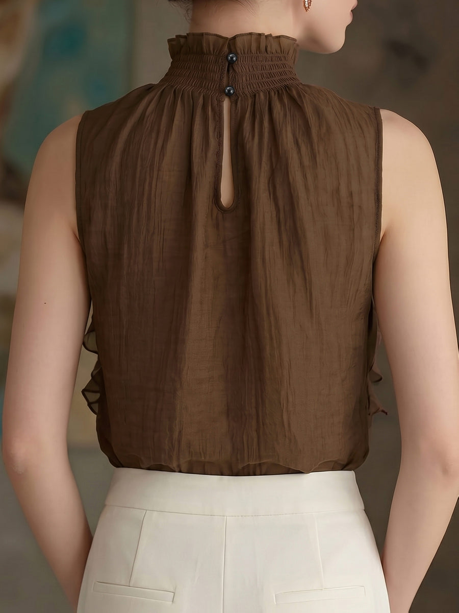 French-Style Solid Color Sleeveless High Neck Mesh Top with Three-Dimensional Ruffled Layered Mesh, Sweet and Skin- Atmospheric Gown, Socialite Style Top - Dark Brown