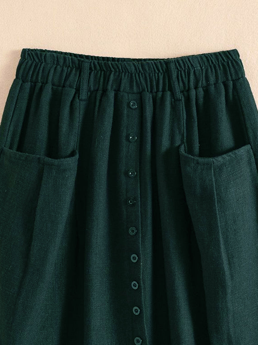 Spring/Summer/Autumn Lightweight Korean-Style Vintage Linen Loose Skirt with Elastic Waistband and Pockets, Mid-Length Women's Skirt - Dark Green