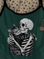 Casual and Simple Spaghetti Strap Tank Top with Skull, Cat, and Music Festival Prints, Perfect for Summer Vacations - Green
