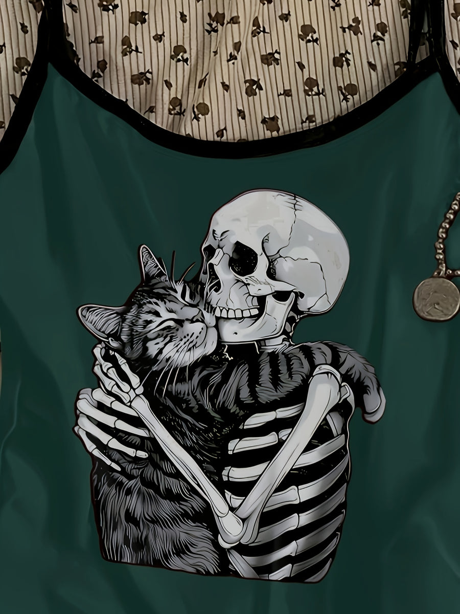 Casual and Simple Spaghetti Strap Tank Top with Skull, Cat, and Music Festival Prints, Perfect for Summer Vacations - Green