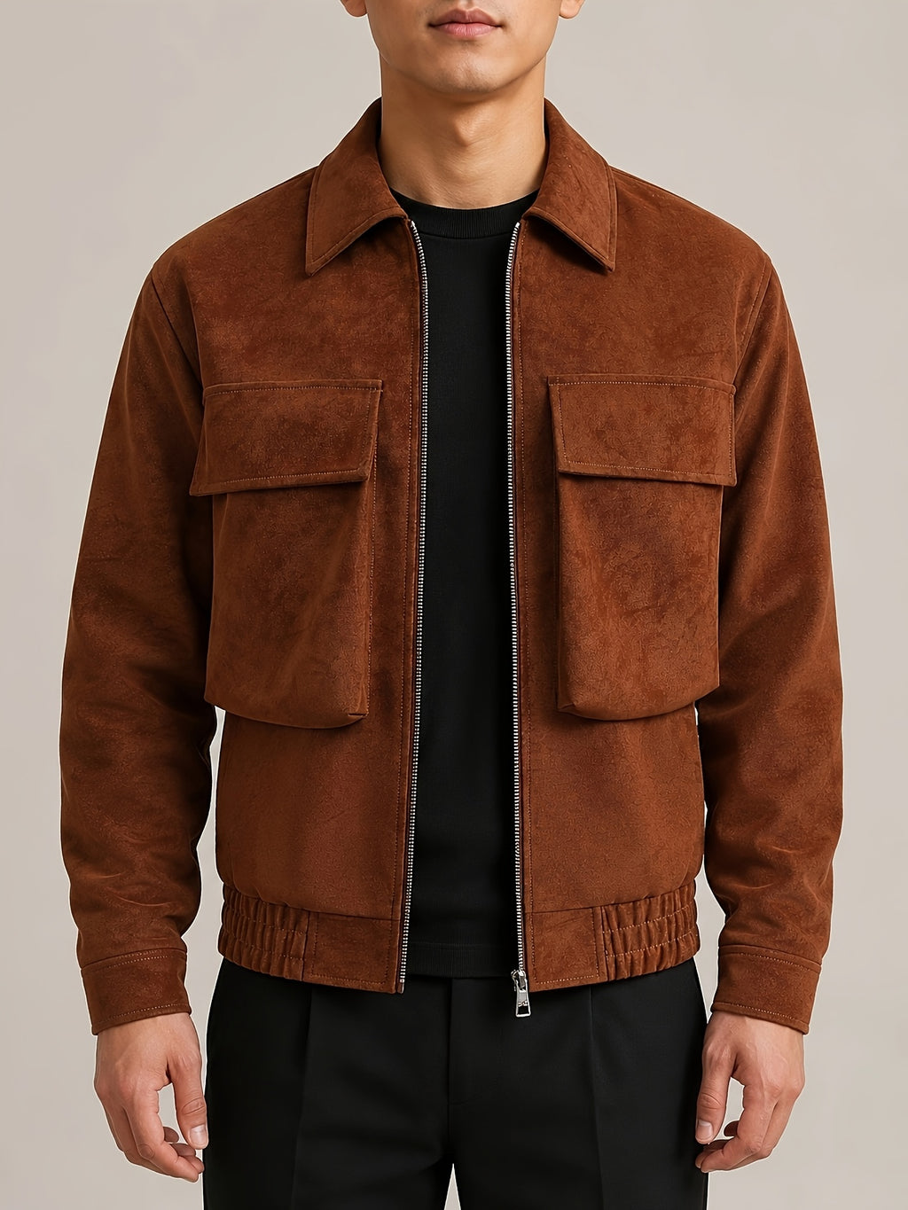 1pc Men's Vintage PU Coated Casual Jacket with Polyester Lining, Classic Turn Collar, Front Zip Closure, Dual Flap Chest Pockets, Snap Cuffs and Elastic Hem for Daily Commute, Campus, Travel, Spring and Fall Wear - Khaki