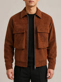 1pc Men's Vintage PU Coated Casual Jacket with Polyester Lining, Classic Turn Collar, Front Zip Closure, Dual Flap Chest Pockets, Snap Cuffs and Elastic Hem for Daily Commute, Campus, Travel, Spring and Fall Wear - Khaki