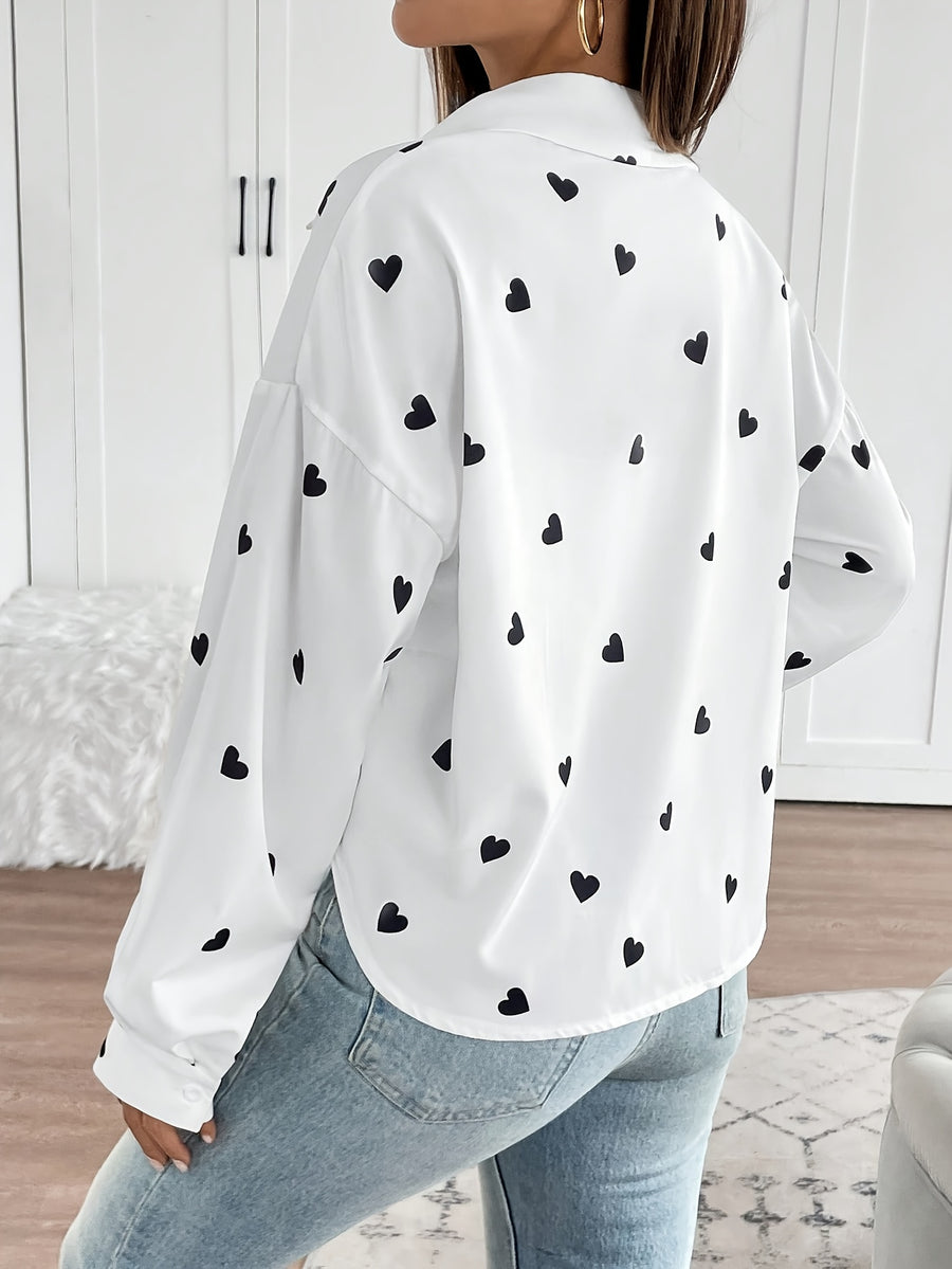 Women's Valentine's Day Heart Print Cropped Long Sleeve Shirt - Elegant Button-Up with Pocket Detail, White Polyester Blend, Perfect for Casual or Date Night Outfits, Valentines Day Gifts - White