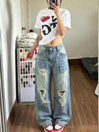 New Autumn American Vintage Style Women's Distressed Wide-Leg Jeans, Washed and Distressed High-Waist Loose-Fit Straight-Leg Baggy Floor-Length Pants - Blue