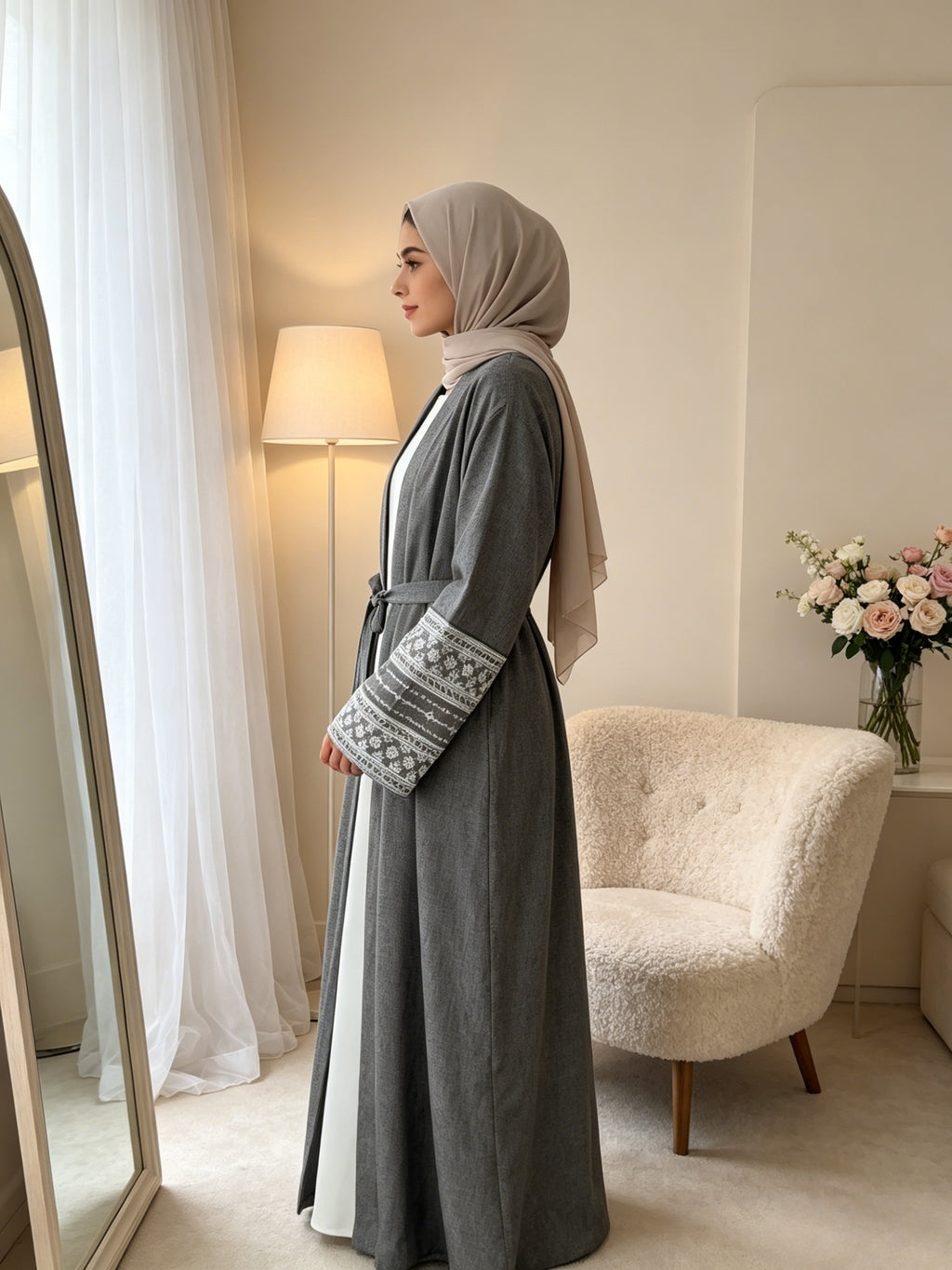 1pc Solid Elegant Casual () Double-Tone Jersey Breathable Supportive Good Fit, Exquisite Embroidery Craft Fashion Abaya Spring Summer Autumn for Women'S Daily Wear - Dark Gray