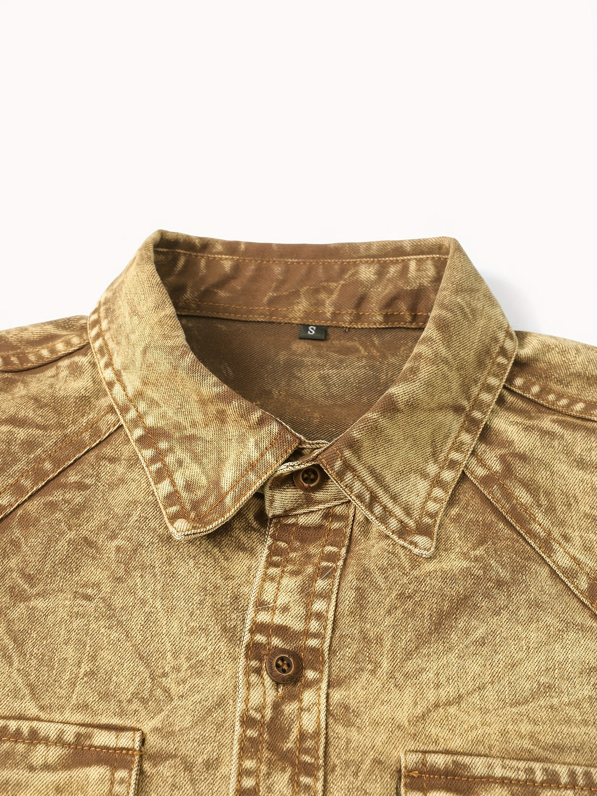 Men'S Retro Denim Shirt Long Sleeve Fashion New Shirt Casual High-End Double Pocket Washed Denim Shirt Lapel Shirt Classic Blue Versatile Top Handmade Denim Popular Denim Shirt Men'S - Yellowish-brown
