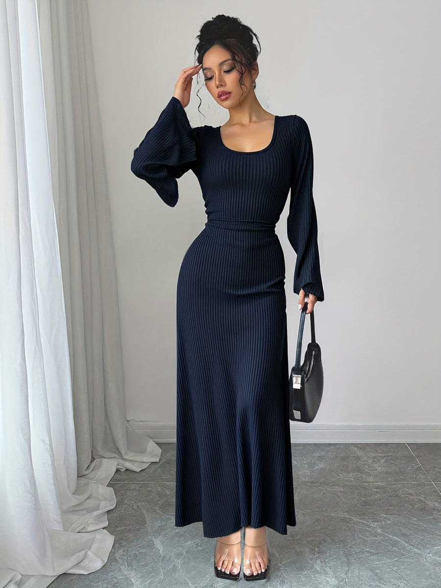Women'S Solid Ribbed Flared Sleeve Back Tie Traditional Long Dress Elegant Long Dress - Deep Blue