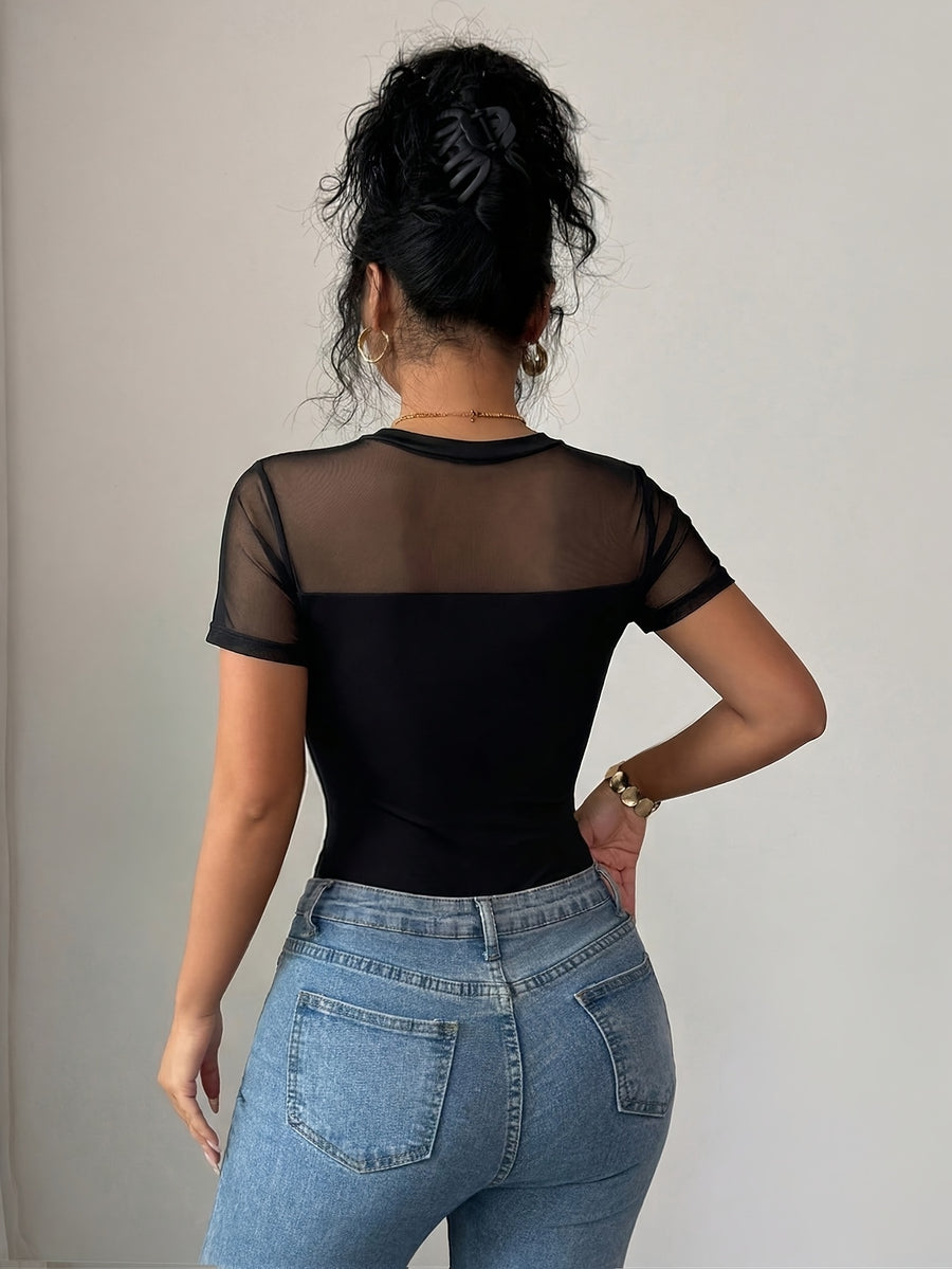Golden Label Style Summer New Fashionable Easy Elegant Solid Color Mesh Spliced Short Sleeve Round Neck Slim Fit Bodysuit Women Women'S Elegant Mesh Spliced Round Neck Short Sleeve Slim Fit Bodysuit, Spring/Summer Style - Black