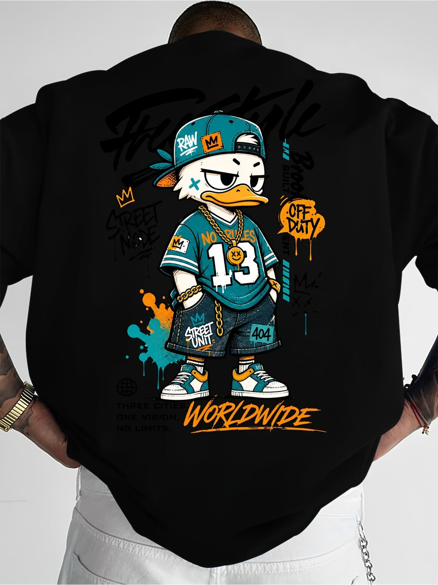 Printed Design, Non-textured, European and American Casual Style Men's Leisure T-shirt with Duck Image, Layered with Street Font Graphics, for Daily Commuting and Casual Wear - Mixed Color 3