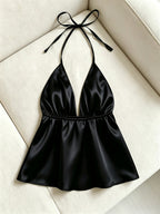1pc Solid Color Spring Summer Beach Vacation Casual Satin Ruffled Cami Top - Black