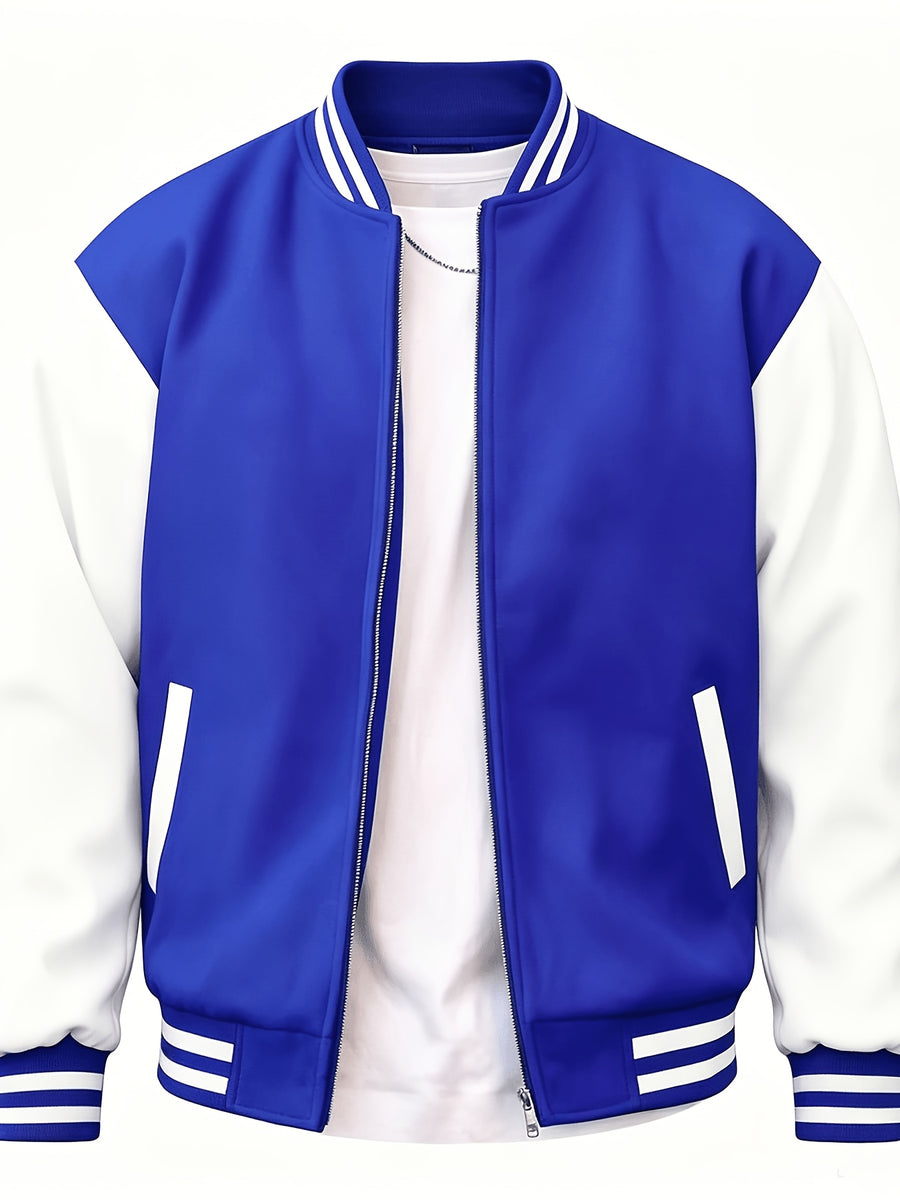 Classic Campus Style Men'S Casual Campus Fashion Youthful Bright Fashion Zipper Pocket Baseball Jacket - Royal Blue