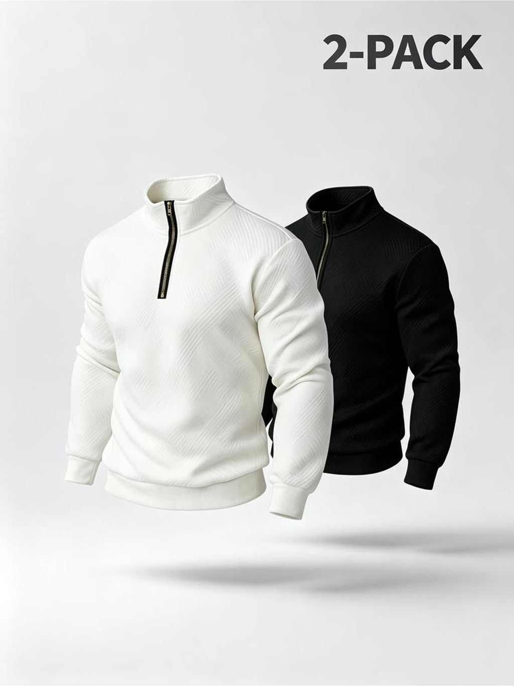 Men'S Fashion Quarter-Zip Pullover Sweatshirts 2pcs, White And Black with Golden Zippers, Textured Diamond Pattern, Polyester Material, Form-Fitting Athletic Cut, Multiple Sizes Available - White+black