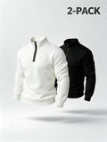 Men'S Fashion Quarter-Zip Pullover Sweatshirts 2pcs, White And Black with Golden Zippers, Textured Diamond Pattern, Polyester Material, Form-Fitting Athletic Cut, Multiple Sizes Available - White+black