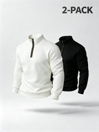 Men'S Fashion Quarter-Zip Pullover Sweatshirts 2pcs, White And Black with Golden Zippers, Textured Diamond Pattern, Polyester Material, Form-Fitting Athletic Cut, Multiple Sizes Available - White+black