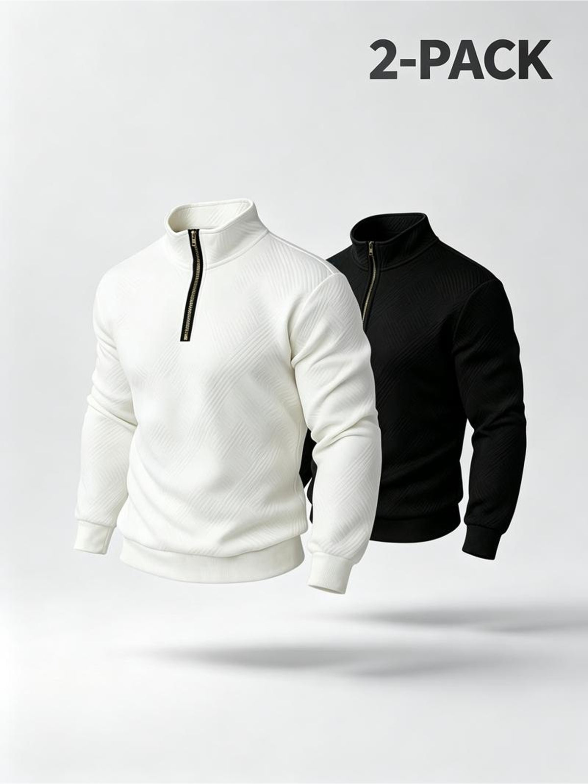 Men'S Fashion Quarter-Zip Pullover Sweatshirts 2pcs, White And Black with Golden Zippers, Textured Diamond Pattern, Polyester Material, Form-Fitting Athletic Cut, Multiple Sizes Available - White+black