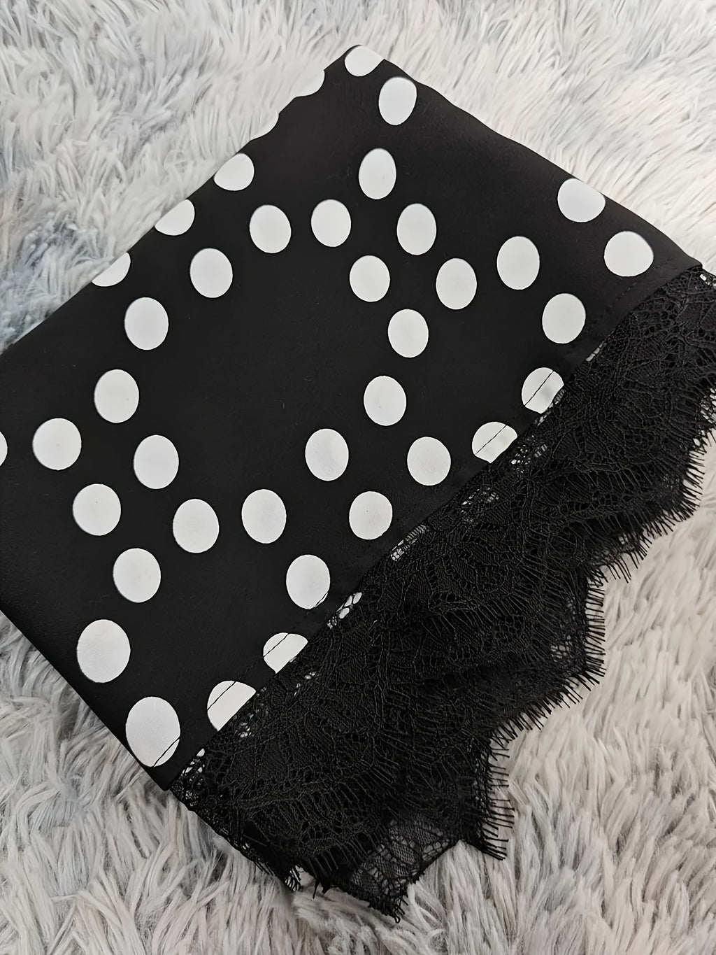 Muslim Polka Dot Print Lace Cardigan 8401 with Headscarf - Black