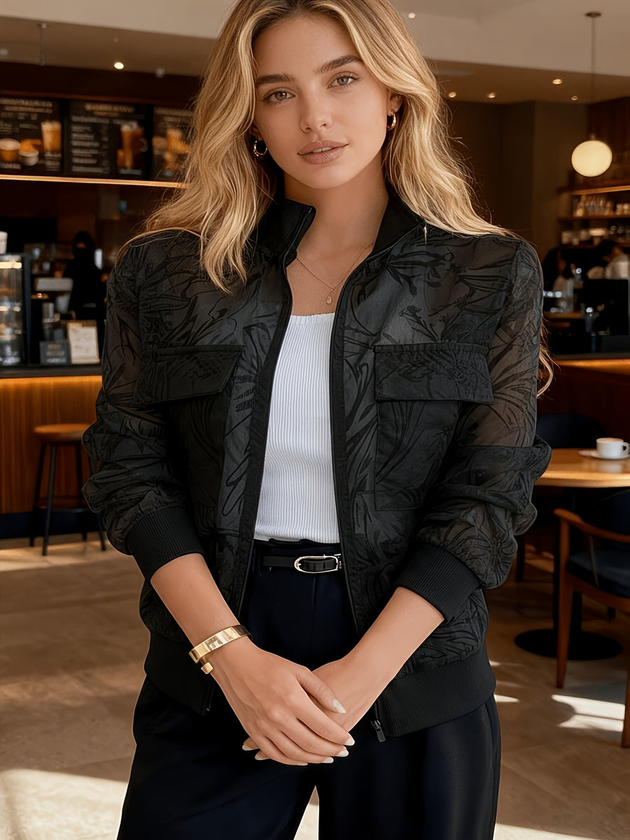 Women's Casual Mesh Cut-Out Utility Pocket Decorated Zipper Baseball Jacket for Spring, Summer, and Autumn - Black