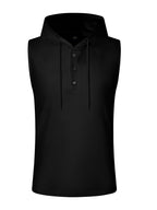 Men's Sleeveless Hooded Henley Shirt - Lightweight, Breathable Polyester | Summer Casual & Sporty Top with Button Detail | Machine Washable - Black