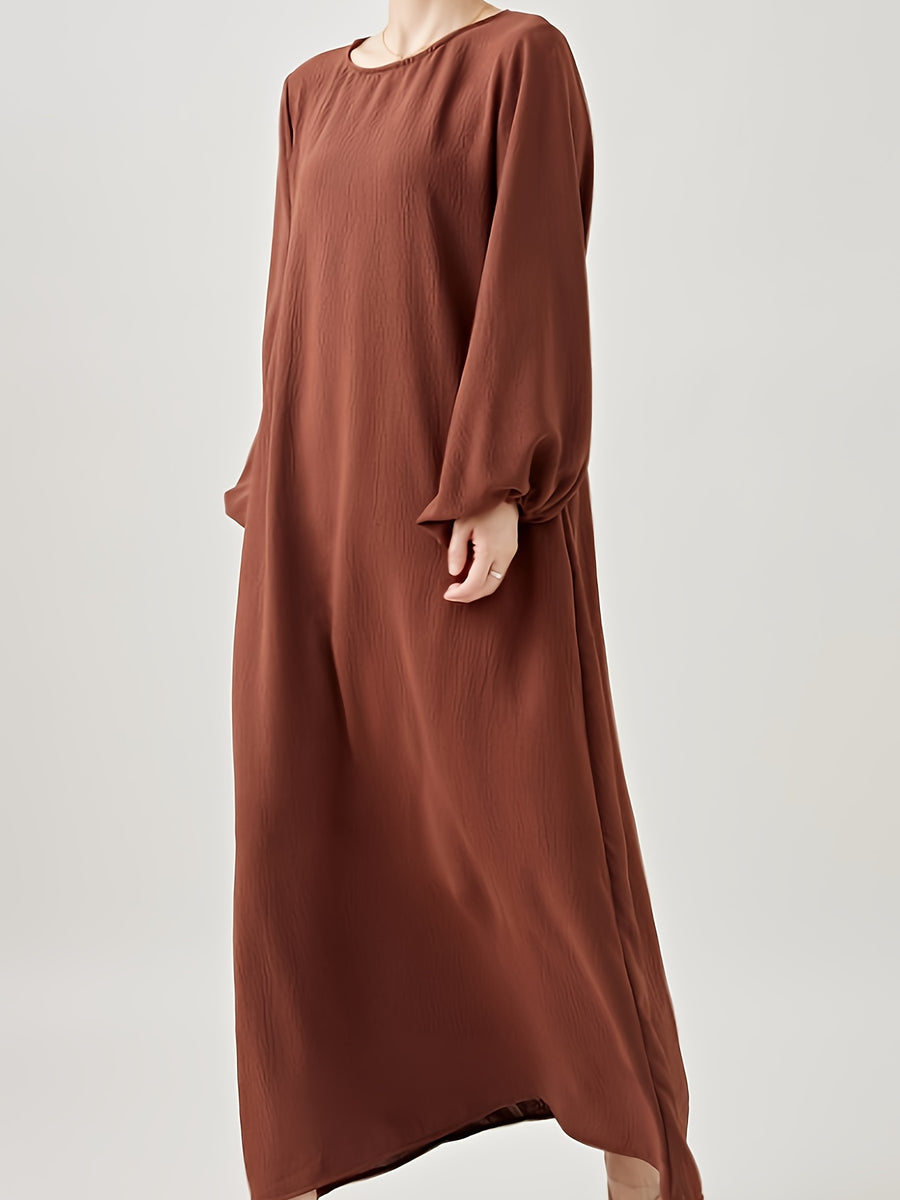 Comfortable & Casual Solid Color Muslim Dress with Bubble Pleats, Elastic Cuffs, and Flowy Hem - Polyester, Machine Washable - Dark Brown