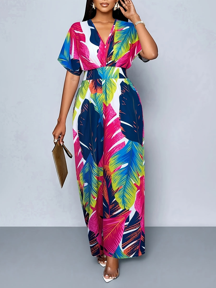 Print Batwing Sleeve Random Print Jumpsuit - Polychrome