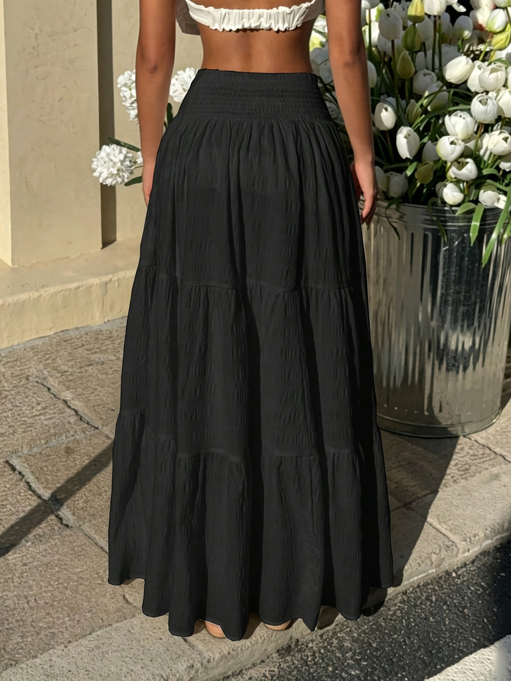 Women'S Spring Autumn Pleated Texture Half Skirt, Elastic Shirring Layered Solid Color Skirt - Black