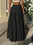 Women'S Spring Autumn Pleated Texture Half Skirt, Elastic Shirring Layered Solid Color Skirt - Black