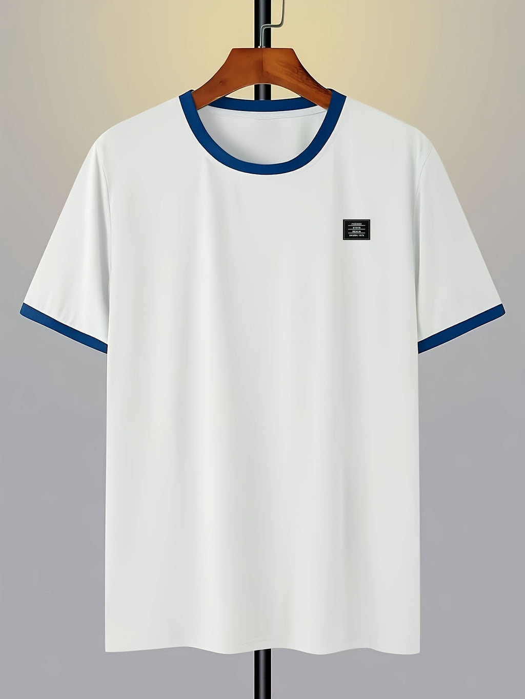 Men's 95% Polyester T-Shirt with Color-Block Patch & Badge Detail - Crew Neck Base Layer Suitable for Casual, Sportswear, All-Season Wear, Machine Washable, High-Fit Regular Fit Top for Layering and Everyday Use - White Fight Blue