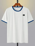 Men's 95% Polyester T-Shirt with Color-Block Patch & Badge Detail - Crew Neck Base Layer Suitable for Casual, Sportswear, All-Season Wear, Machine Washable, High-Fit Regular Fit Top for Layering and Everyday Use - White Fight Blue
