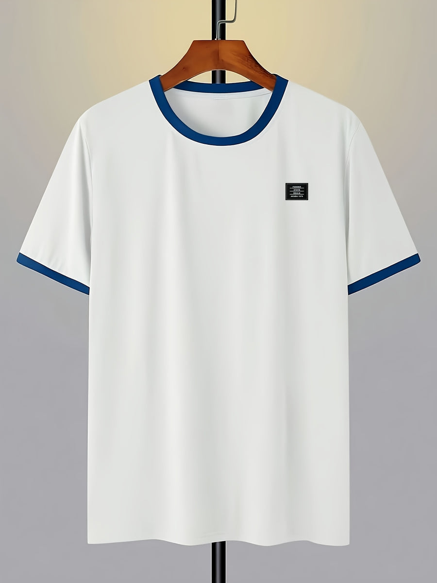 Men's 95% Polyester T-Shirt with Color-Block Patch & Badge Detail - Crew Neck Base Layer Suitable for Casual, Sportswear, All-Season Wear, Machine Washable, High-Fit Regular Fit Top for Layering and Everyday Use - White Fight Blue