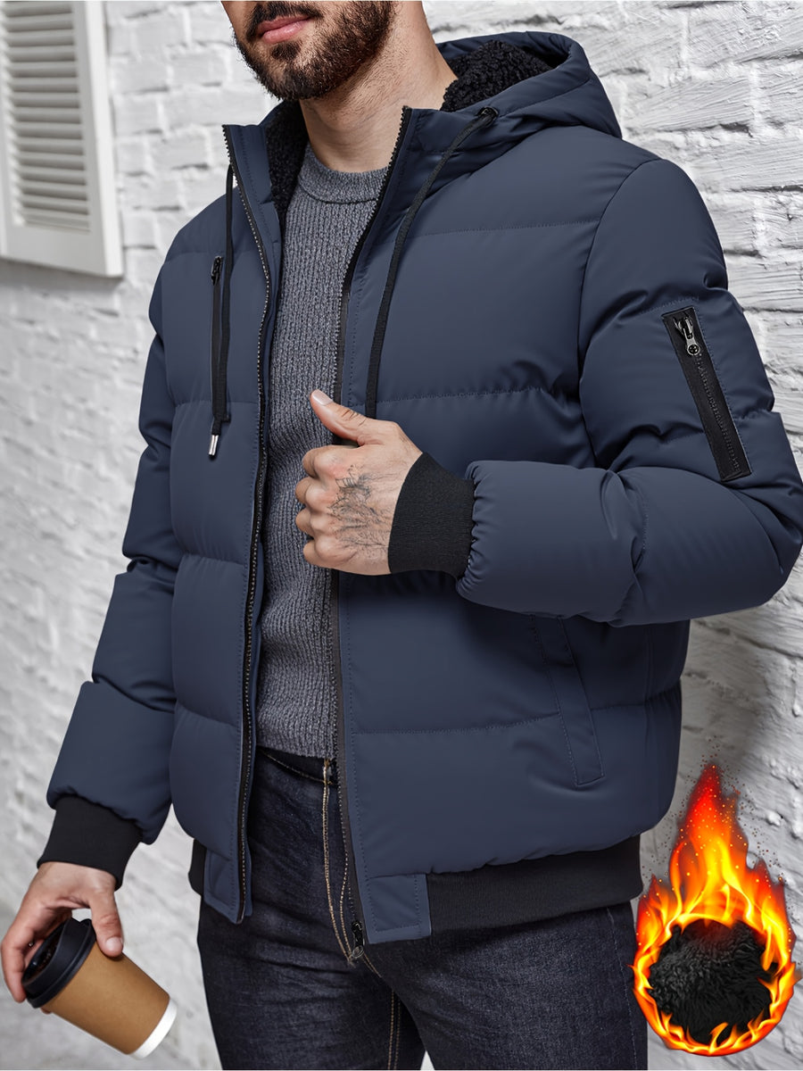 Winter Plush Jacket Thick Warm Jacket Hooded Jacket Casual Outdoor Jacket Solid Color Zipper with Plush Thickening - Navy Color