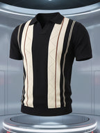 Men's Knitted Short-Sleeve Polo Shirt with Breathable Knit Mesh Eyelet Design, Multi-Color Contrast Striped Jacquard Knit Pattern, American-Style Lapel with Seagull Collar, Stylish and Slimming, Light Luxury Fashion, Designer Style Golf Polo Top - Black