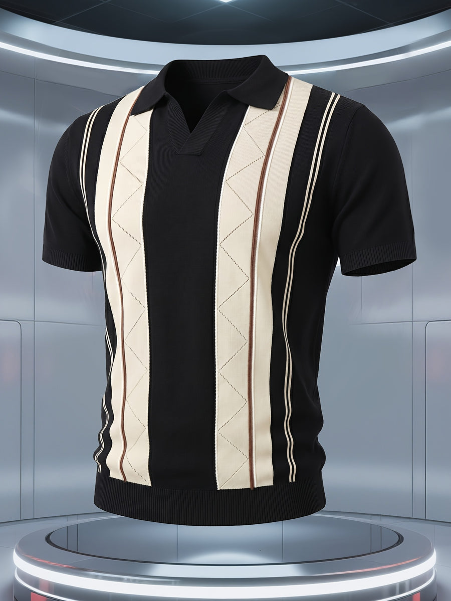 Men's Knitted Short-Sleeve Polo Shirt with Breathable Knit Mesh Eyelet Design, Multi-Color Contrast Striped Jacquard Knit Pattern, American-Style Lapel with Seagull Collar, Stylish and Slimming, Light Luxury Fashion, Designer Style Golf Polo Top - Black