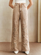 Autumn/Winter Women's High-Waist Fashion Cut-Out Straight-Leg Loose Wide-Leg Denim Jeans - Khaki