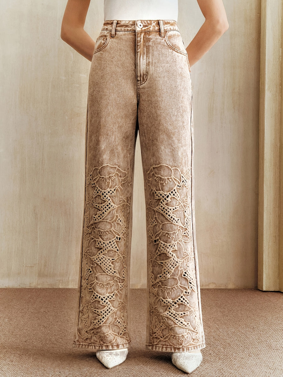 Autumn/Winter Women's High-Waist Fashion Cut-Out Straight-Leg Loose Wide-Leg Denim Jeans - Khaki