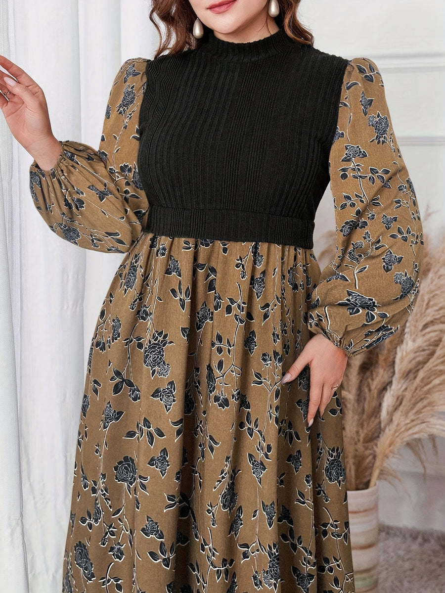 Plus Size - Plus Size - 2025 New Patchwork Fabric Design Floral Print Long Lantern Sleeves Small Stand-Up Collar Waist Slim Dating Travel Elegant Large Size Women'S Dress - Yellowish-brown