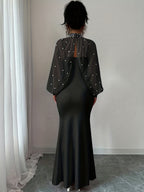 WY251221079 Elenzga New Elegant and Sophisticated Evening Gown, Dignified and Gentle, Dreamy, Hand-beaded Long-Sleeve Top, Graceful Mermaid Fit Slip Dress Set, Women's Elegant Bridesmaid Dress - Black