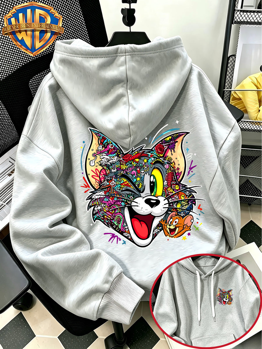 Autumn Winter Trendy Fashion Drawstring Pocket Hooded Men'S Sweatshirt, Multi-Color Graffiti Fun Cool Classic Mouse Cat Head Cartoon Print Design, Sporty Fashion Loose Hoodie, Casual Daily Wear, Trendy For, Suitable for Home And Outings, Unisex - Light Grey
