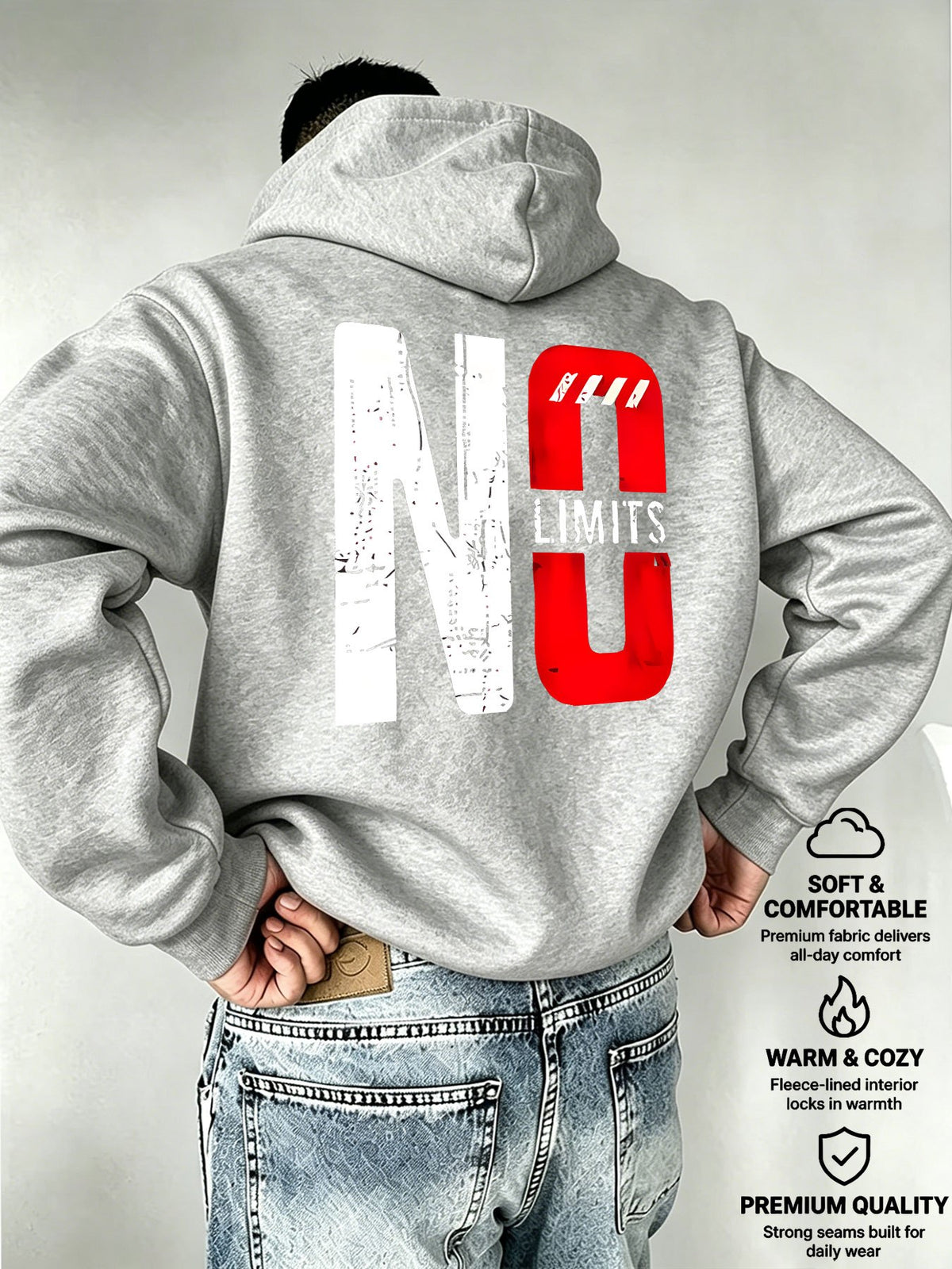 Men's Oversized Hooded Sweatshirt with NO Contrast Color Bold Letter Print, European and American Street Style Casual Sweatshirt - Light Grey