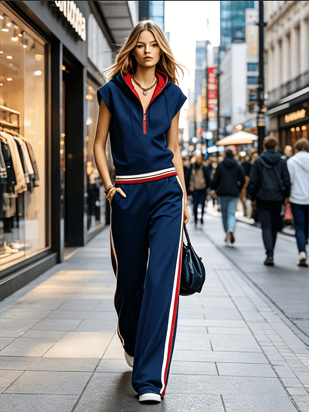 Women's Sleeveless Hooded Sweatshirt Set with Ribbed Trim, Side Stripe Wide-Leg Joggers, Vintage Casual 2pcs Set - Navy Color