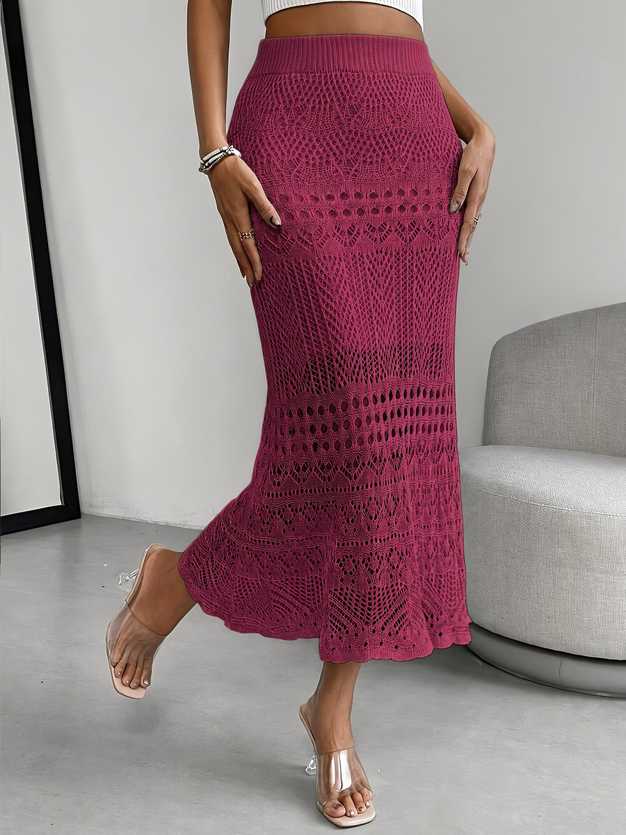 Women's Solid Color Hollow-Out Long Elegant Dress, Suitable for Summer, Spring, Summer Beach Vacation Style, Daily Casual Wear - Rose Red