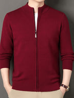 Men's Stand Collar Zipper Solid Color Knit Cardigan, Business Casual Style, Simple Solid Color, Slim Fit Not Tight, Versatile and Practical - Red