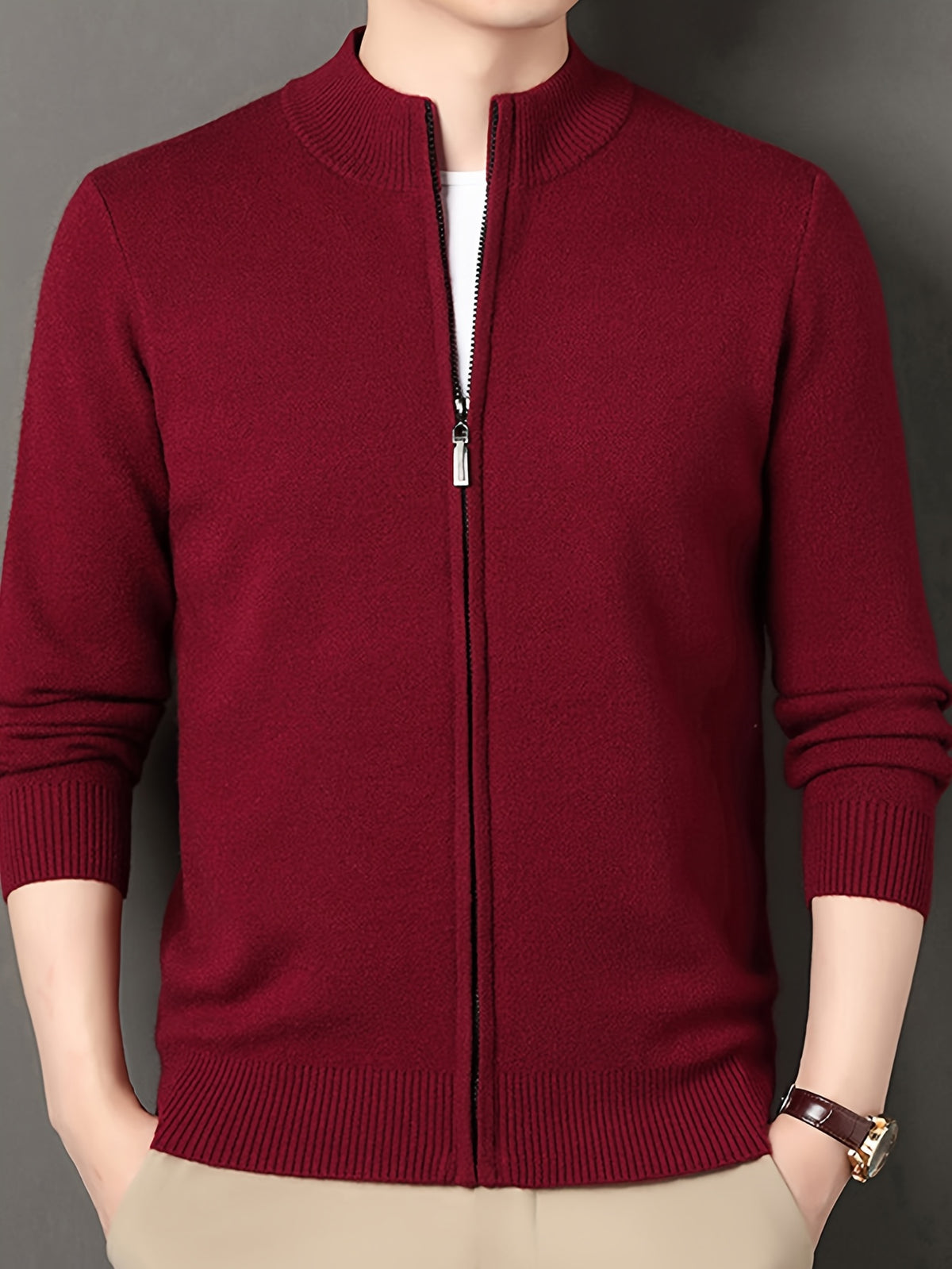 Men's Stand Collar Zipper Solid Color Knit Cardigan, Business Casual Style, Simple Solid Color, Slim Fit Not Tight, Versatile and Practical - Red