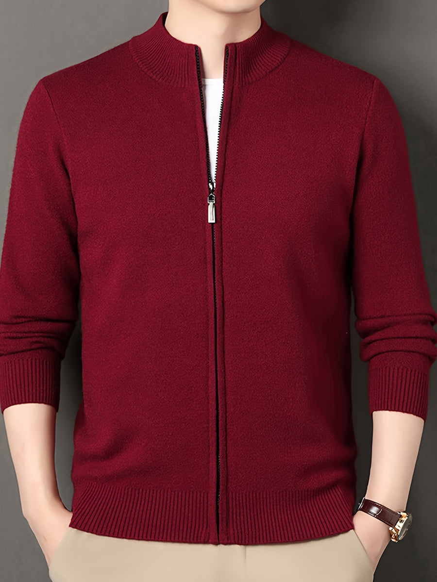 Men's Stand Collar Zipper Solid Color Knit Cardigan, Business Casual Style, Simple Solid Color, Slim Fit Not Tight, Versatile and Practical - Red