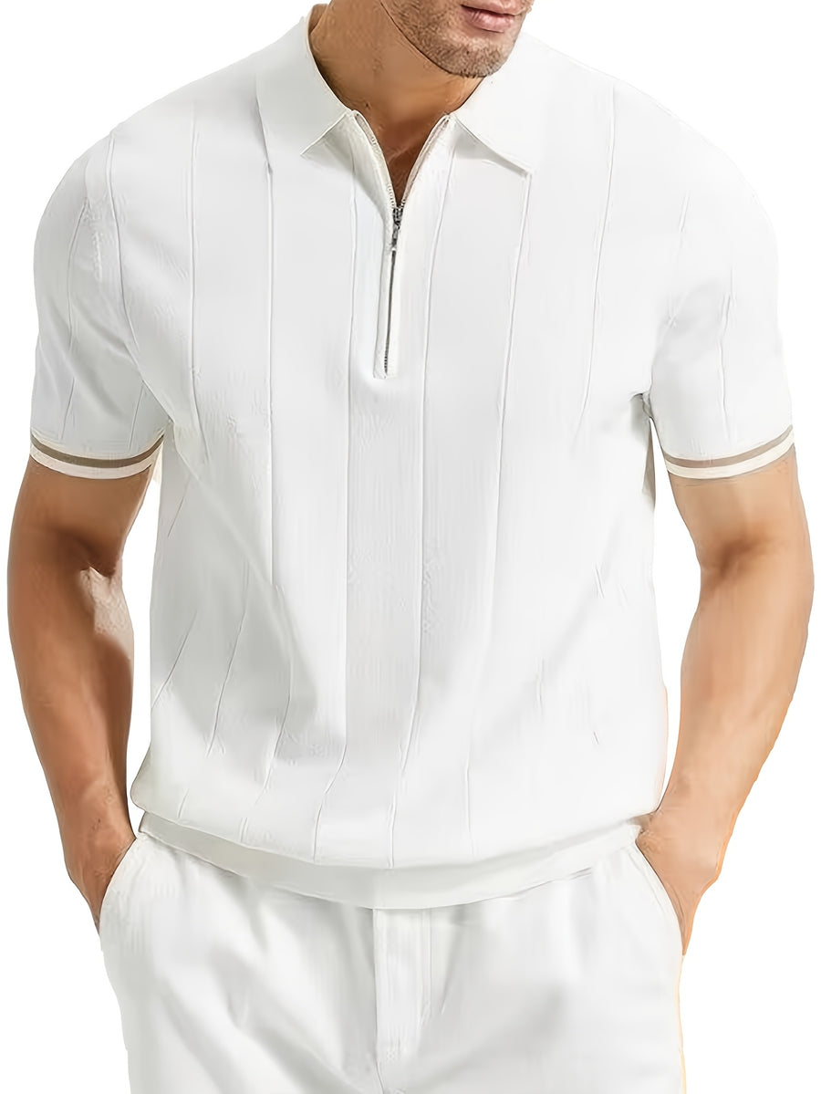 New Men's Business Fabric Shirt, Summer Men's Light Business Solid Color Casual Men's Lapel Short Sleeve Knitted Top - White